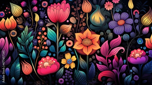 Vivid Botanical Diversity: A Lush Tapestry of Stylized Floral Illustrations in Dark Hues