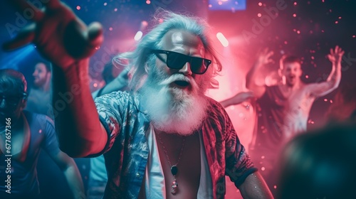 Santa raving on the dancefloor in a nightclub party. 