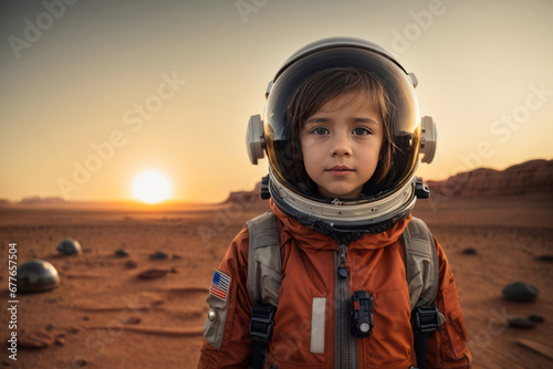 Portrait of a small child astronaut putting on a spacesuit in the planet Mars © liliyabatyrova