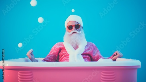 Santa relaxes, unwinding in a North Pole hot tub, enjoying a thoroughly earned day of leisure.
