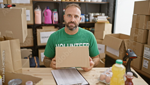 Handsome young man, a focused volunteer at a charity center, is sitting at a table holding a package for donations in a community service effort.
