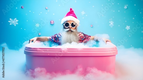 Santa chills, lounging in a North Pole hot tub, savoring a well-deserved day off.