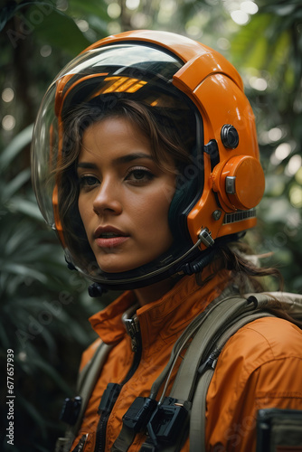Close-up portrait of a beautiful woman wearing an orange spacesuit in a new green tropical planet with plants.