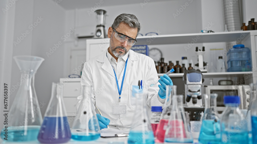Handsome grey-haired hispanic scientist, a young man engrossed in analysis of a test tube measurement, writing findings on a document, working diligently in a lab. Handsome grey-haired hispanic scientist, a young man engrossed in analysis of a test tube measurement, writing findings on a document, working diligently in a lab.