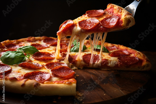 Serving a slice of delicious pepperoni pizza with stretchy cheese using pizza serving spoon.