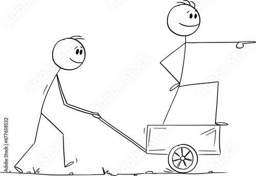 Worker Pushing Boss on Cart, Vector Cartoon Stick Figure Illustration