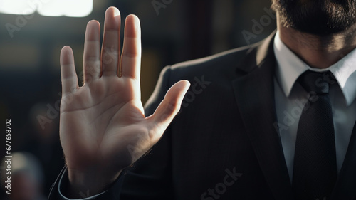 Young male politician raising his hand to swear photo