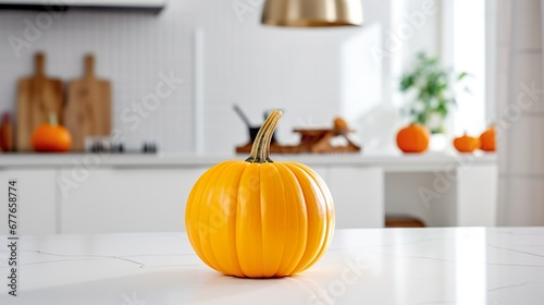 Fall with orange pumpkins and leaves in Modern Kitchen, generative AI 
