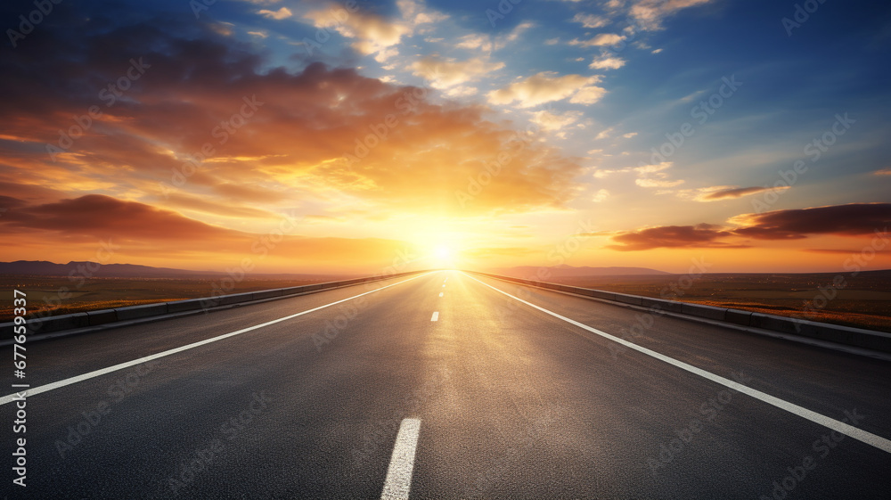 Naklejka premium beautiful sunrise sky with asphalt highways road in rural