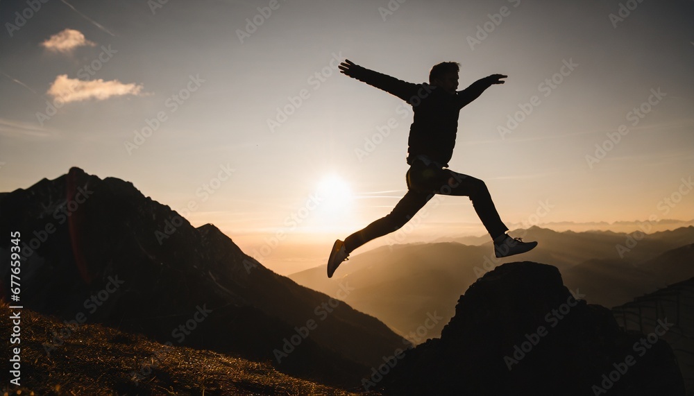 Achievement of the goal: Young sporty happy man jumps in the sunset at the peak of a mountain