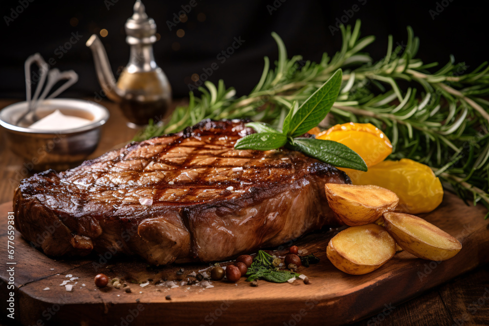 Delicious medium rare beef steak served with roasted potatoes on wooden board. Delicious medium rare beef steak served with roasted potatoes on wooden board.