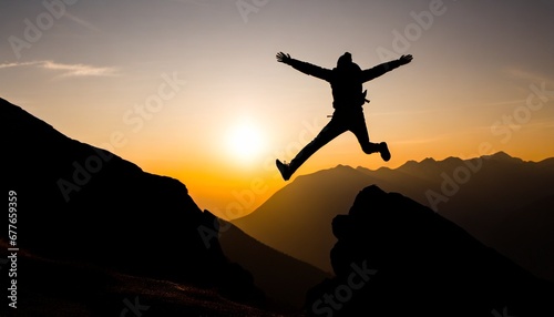 Achievement of the goal: Young sporty happy man jumps in the sunset at the peak of a mountain