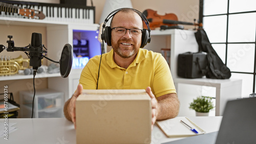 Caucasian musician man's exciting moment, video call in music studio after package arrival!