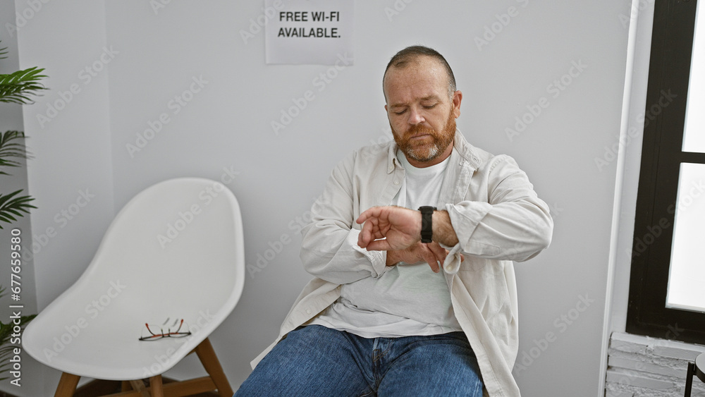 Handsome middle-aged caucasian man sitting relaxed in a chair, serious face concentrated on his watch, patiently waiting indoor lobby room, as the time countdown - obrazy, fototapety, plakaty 