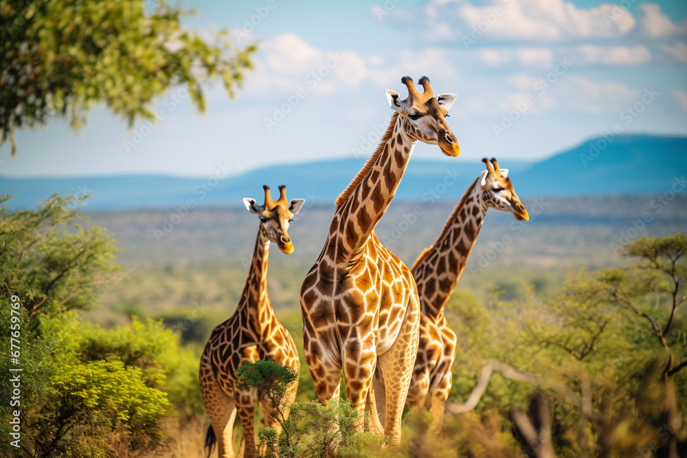 Fototapeta premium Giraffe family in grassland savanna day time, tallest animal in the world.