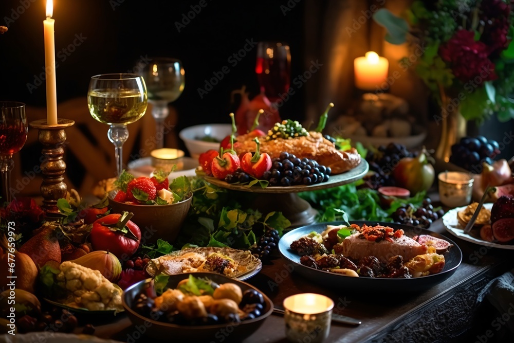 Festive table setting, family dinner table with plenty of food.