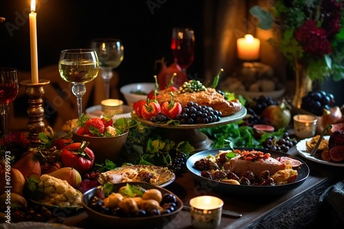 Festive table setting  family dinner table with plenty of food.