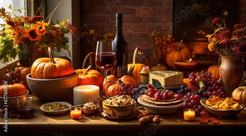 Wine and cheese, tasty snacks on table with autumnal decorations, celebration of the harvest.