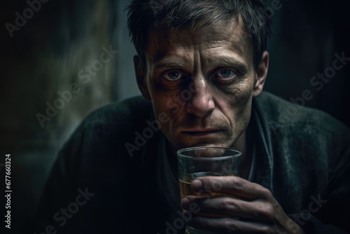 Troubled man holding a glass of whiskey in dim light.