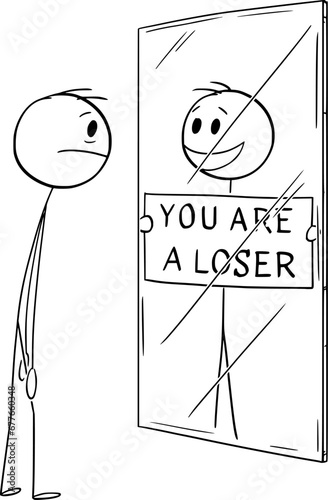 Frustrates Person Watching Yourself in Mirror, Vector Cartoon Stick Figure Illustration