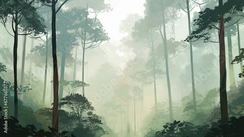 Tall trees and a rainforest shrouded in mist.