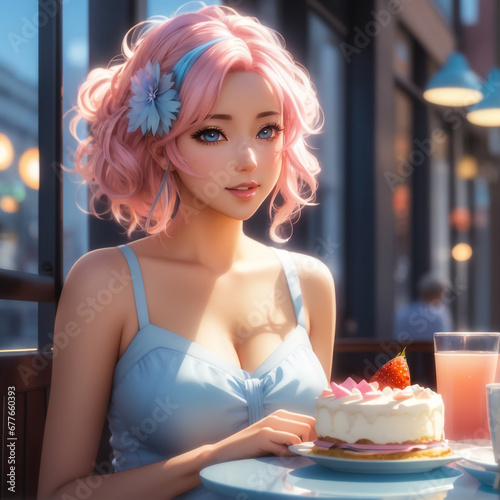 beautiful anime girl eating cake