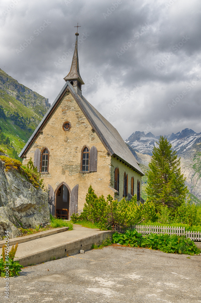 Old historic church at Grimselpass Switzerland