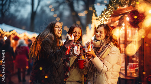 Cuadro en lienzo Happy young women attending winter fair in evening, drinking hot drinks, eating hot dogs