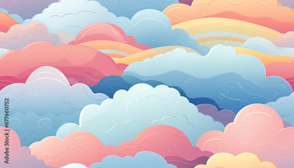 Cute colorful pastel clouds seamless pattern background. Rainbow unicorn background with clouds and stars. Pastel color sky. Magical landscape, abstract fabulous pattern. Cute candy wallpaper.