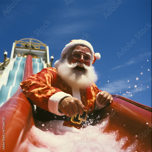 Santa taking a well deserved day off and enjoying himself on a waterslide.