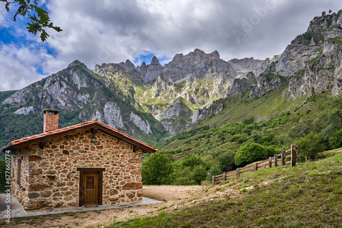House in the Picos de Europa natural park, nestled in the Cantabrian Mountains and between Asturias, León and Cantabria. In Cantrabria, Spain.