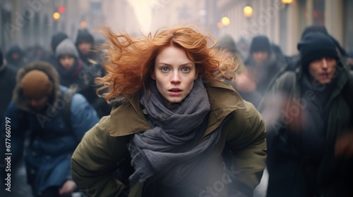 a woman with red hair and a scarf