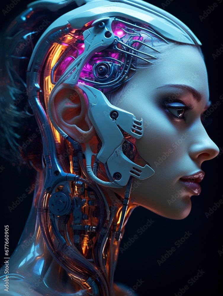 Portrait of a female cyborg side face, generative ai