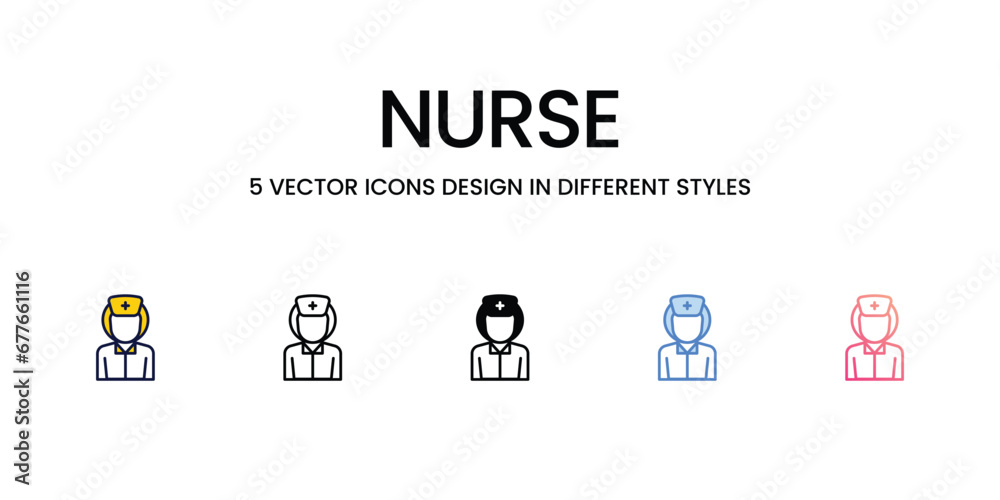 Nurse Icon Design in Five style with Editable Stroke. Line, Solid, Flat Line, Duo Tone Color, and Color Gradient Line. Suitable for Web Page, Mobile App, UI, UX and GUI design. Nurse Icon Design in Five style with Editable Stroke. Line, Solid, Flat Line, Duo Tone Color, and Color Gradient Line. Suitable for Web Page, Mobile App, UI, UX and GUI design.