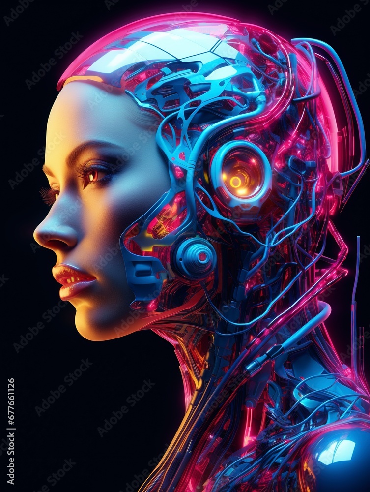 Portrait of a female cyborg side face, generative ai Portrait of a female cyborg side face, generative ai