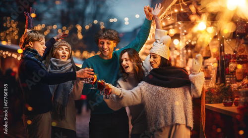 Cheers. Happy, cheerful friends, men and women attending outdoor fair, celebrating, drinking mulled wine. Happy New Year. Concept of winter holidays, Christmas, traditions, outdoor fair, happiness