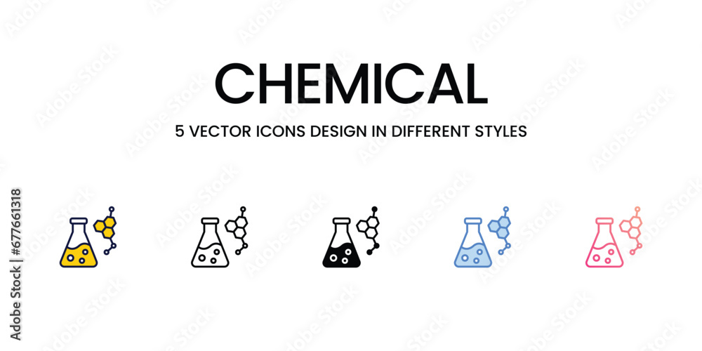 Chemical Icon Design in Five style with Editable Stroke. Line, Solid, Flat Line, Duo Tone Color, and Color Gradient Line. Suitable for Web Page, Mobile App, UI, UX and GUI design.