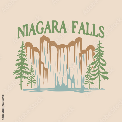 Niagara Falls vector design template,  Hand drawn style fall design, Niagara Falls with Pine tree, waterfall hand drawn style vector. photo