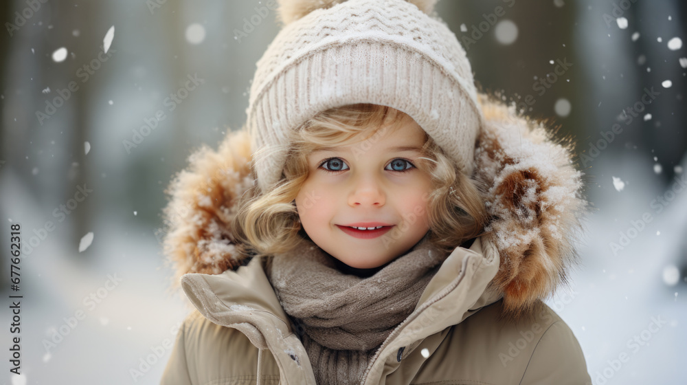 A child with a thick winter jacket outside in the snow in winter A child with a thick winter jacket outside in the snow in winter