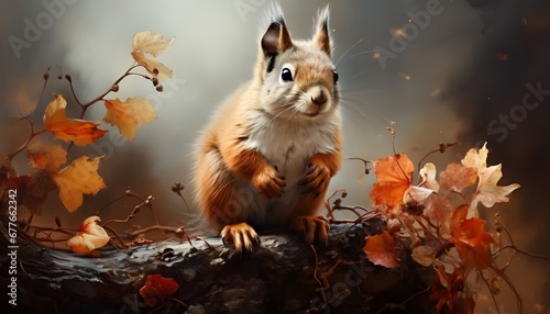 squirrel sitting on the branch in the autumn © thiraphon
