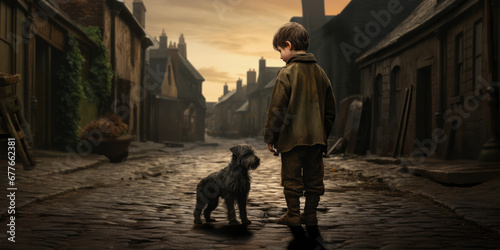 Boy and dog on a cobblestone street, depicting labor. © Duka Mer