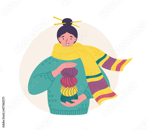 Knitting hobby. Smiling young woman in a big warm scarf with yarn skeins in her hands. Hand crafting hobby. Vector flat style illustration of handmade hobby