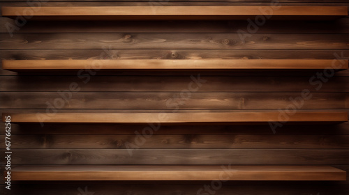 empty wooden shelves front view, simplicity concept, shelf
