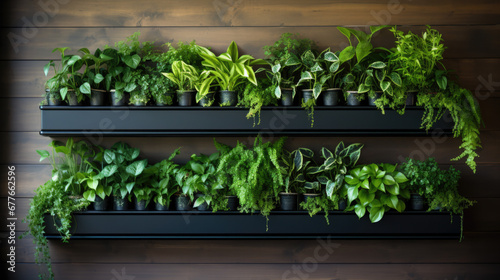 Two wall shelves filled with green plants