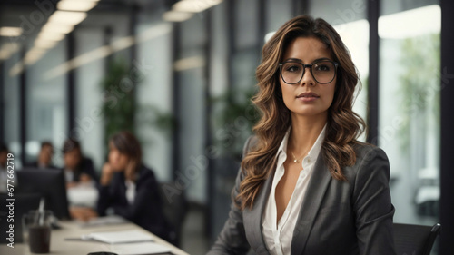 Bella donna di origini italiane con capelli lunghi in un ufficio moderno con abito elegante e occhiali	 photo