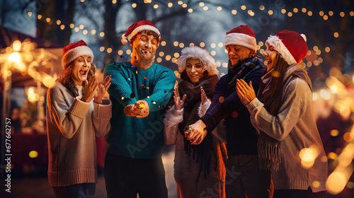 Group of young happy people, cheerful friends visiting Christmas fair in evening, celebrating with confetti crackers. Street with light. Concept of winter holidays, Christmas, traditions, outdoor fair