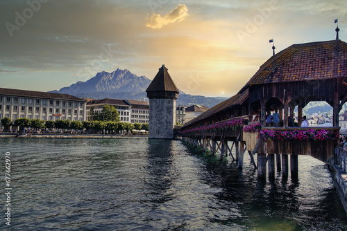 Kapellbrucke - Chappel Bridge adorned with Art - Lucerne Switzerland