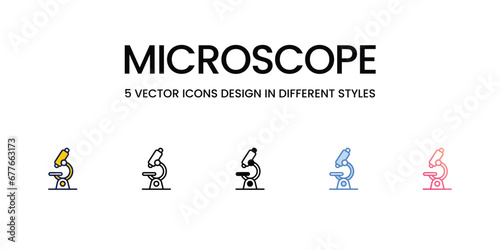 Microscope Icon Design in Five style with Editable Stroke. Line  Solid  Flat Line  Duo Tone Color  and Color Gradient Line. Suitable for Web Page  Mobile App  UI  UX and GUI design.