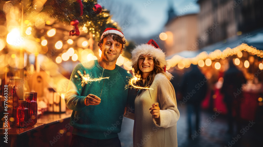 Cheerful happy young man and woman attending winter outdoor fair, holding lights, celebrating holidays. Evening street. Concept of winter holidays, Christmas, traditions, outdoor fair, happiness