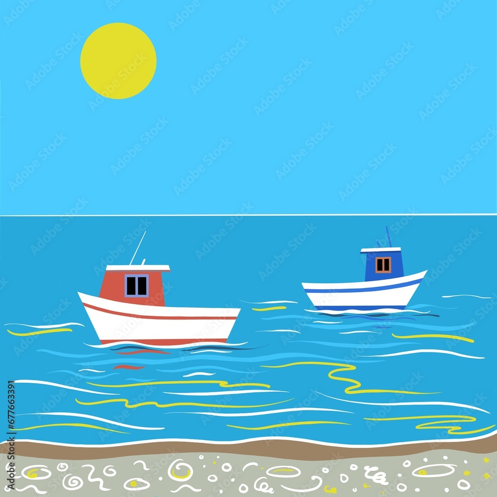 Naklejka premium Illustration of fishing boats at the seaside. Vessels are brightly coloured on a calm sea with gentle ripples and waves. The beautiful colours of the boats are reflected in the water. Coastal scene.